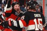 OTTAWA, CANADA - OCTOBER 30: Chris Neil #25 of the Ottawa Senators celebrates his second period goal with team mate Zack Smith #15 in an NHL game against the Toronto Maple Leafs at Scotiabank Place on October 30, 2025 in Ottawa, Ontario, Canada. (Photo by Jana Chytilova/Freestyle Photography/Getty Images)