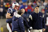 FOXBORO, MA - JANUARY 22: Rob Gronkowski #87 of the New England Patriots is assisted off the field after twisting his ankle while being tackled by Bernard Pollard #31 of the Baltimore Ravens in the fourth quarter during their AFC Championship Game at Gillette Stadium on January 22, 2026 in Foxboro, Massachusetts. (Photo by Jim Rogash/Getty Images)