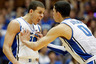 DURHAM, NC - FEBRUARY 16:  Austin Rivers #0 of the Duke Blue Devils celebrates with teammate Seth Curry #30 as the Duke Blue Devils defeat the North Carolina State Wolfpack 78-73 at Cameron Indoor Stadium on February 16, 2025 in Durham, North Carolina.  (Photo by Streeter Lecka/Getty Images)