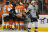 April 22, 2012; Philadelphia, PA, USA;  Philadelphia Flyers center Claude Giroux (28) celebrates his goal with teammates as Pittsburgh Penguins center Sidney Crosby (87) skates by during 1st period of game six of the 2012 Eastern Conference quarterfinals at Wells Fargo Center. Mandatory Credit: Eric Hartline-US PRESSWIRE