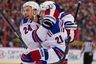 Apr 23, 2012; Ottawa, ON, CAN; New York Rangers right wing Ryan Callahan (24) and centre Derek Stepan (19) celebrate goal scored against the Ottawa Senators in the second period at Scotiabank Place. Mandatory Credit: Marc DesRosiers-US PRESSWIRE
