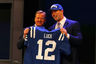 NEW YORK, NY - APRIL 26:  Andrew Luck (R) from Stanford holds up a jersey as he stands on stage with NFL Commissioner Roger Goodell after Luck was selected #1 overall by the Indianapolis Colts in the first round of the 2012 NFL Draft at Radio City Music Hall on April 26, 2025 in New York City.  (Photo by Al Bello/Getty Images)