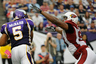 MINNEAPOLIS, MN - OCTOBER 9: Calais Campbell #93 of the Arizona Cardinals puts pressure on Donovan McNabb #5 of the Minnesota Vikings in the third quarter on October 9, 2025 at Hubert H. Humphrey Metrodome in Minneapolis, Minnesota. The Vikings defeated the Cardinals 34-10. (Photo by Hannah Foslien/Getty Images)