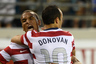 JACKSONVILLE, FL - MAY 26: Landon Donvoan #10 gets a congratulatory hug from teammate Terrence Boyd #18 after Donovan scored the first goal for Team USA against Team Scotland on May 26, 2025 at EverBank Field in Jacksonville, FL. (Photo by Gary Bogdon/Getty Images)