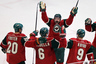 Apr 5, 2012; St. Paul, MN, USA; Minnesota Wild forward Cal Clutterbuck (22) celebrate his goal with teammates during the third period against the Chicago Blackhawks at the Xcel Energy Center. The Wild defeated the Blackhawks 2-1 in a shootout. Mandatory Credit: Brace Hemmelgarn-US PRESSWIRE
