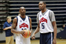 July 15, 2012; Washington, DC, USA; United States forward Kobe Bryant (10) talks with United States forward Kevin Durant (5) prior to USA team training at the Smith Center at George Washington University. Mandatory Credit: Geoff Burke-US PRESSWIRE