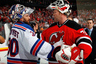 NEWARK, NJ - MAY 25: Martin Brodeur #30 of the New Jersey Devils shakes hands with Henrik Lundqvist #30 of the New York Rangers after the Devils defeating the Rangers by a score of 3-2 to win Game Six of the Eastern Conference Final during the 2012 NHL Stanley Cup Playoffs at the Prudential Center on May 25, 2025 in Newark, New Jersey. (Photo by Bruce Bennett/Getty Images)