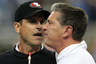 DETROIT, MI - OCTOBER 16: Jim Harbaugh head coach of the San Francisco 49ers argues with Jim Schwartz of the Detroit Lions during the NFL game at Ford Field on October 16, 2025 in Detroit, Michigan.  (Photo by Leon Halip/Getty Images)