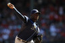 ARLINGTON, TX - OCTOBER 10:  Pitcher Rafael Soriano #29 of the Tampa Bay Rays throws against the Texas Rangers during game 4 of the ALDS at Rangers Ballpark in Arlington on October 10, 2025 in Arlington, Texas.  (Photo by Ronald Martinez/Getty Images)